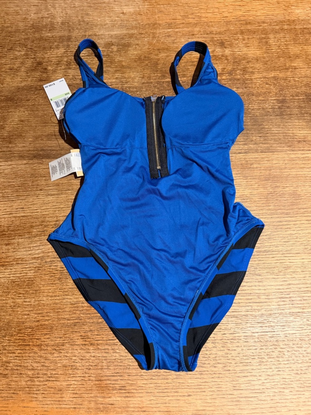 MICHAEL Michael Kors Blue and Black Striped One-Piece Swimsuit with Front Zip - Picture 5 of 8